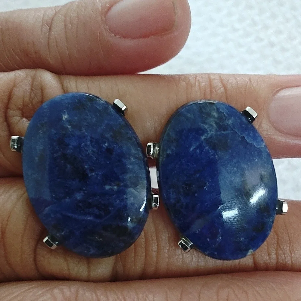 Cufflinks Blue Oval Sodalite Gemstone Silver Tone Prongs Toggle Back Mens